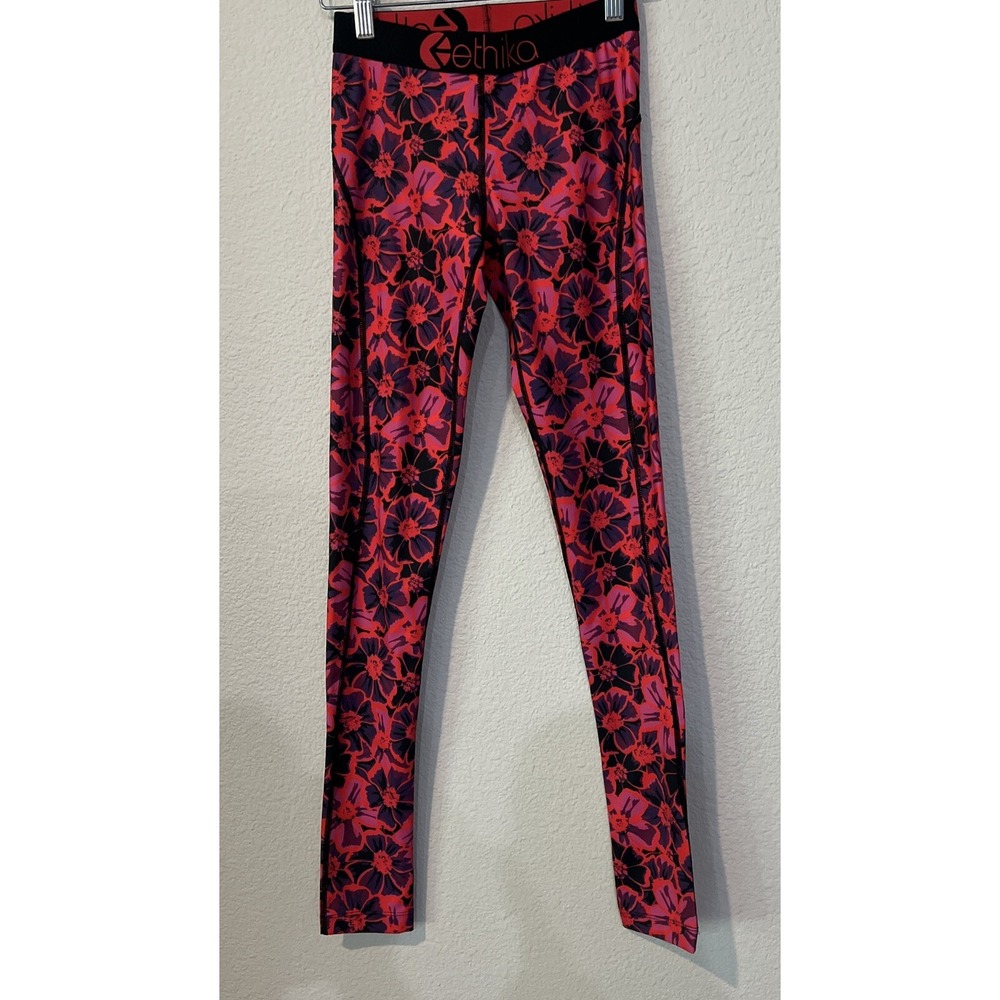 Ethika Subzero Performance Leggings RED/BLACK Floral Stretch Tapered Ankle XS